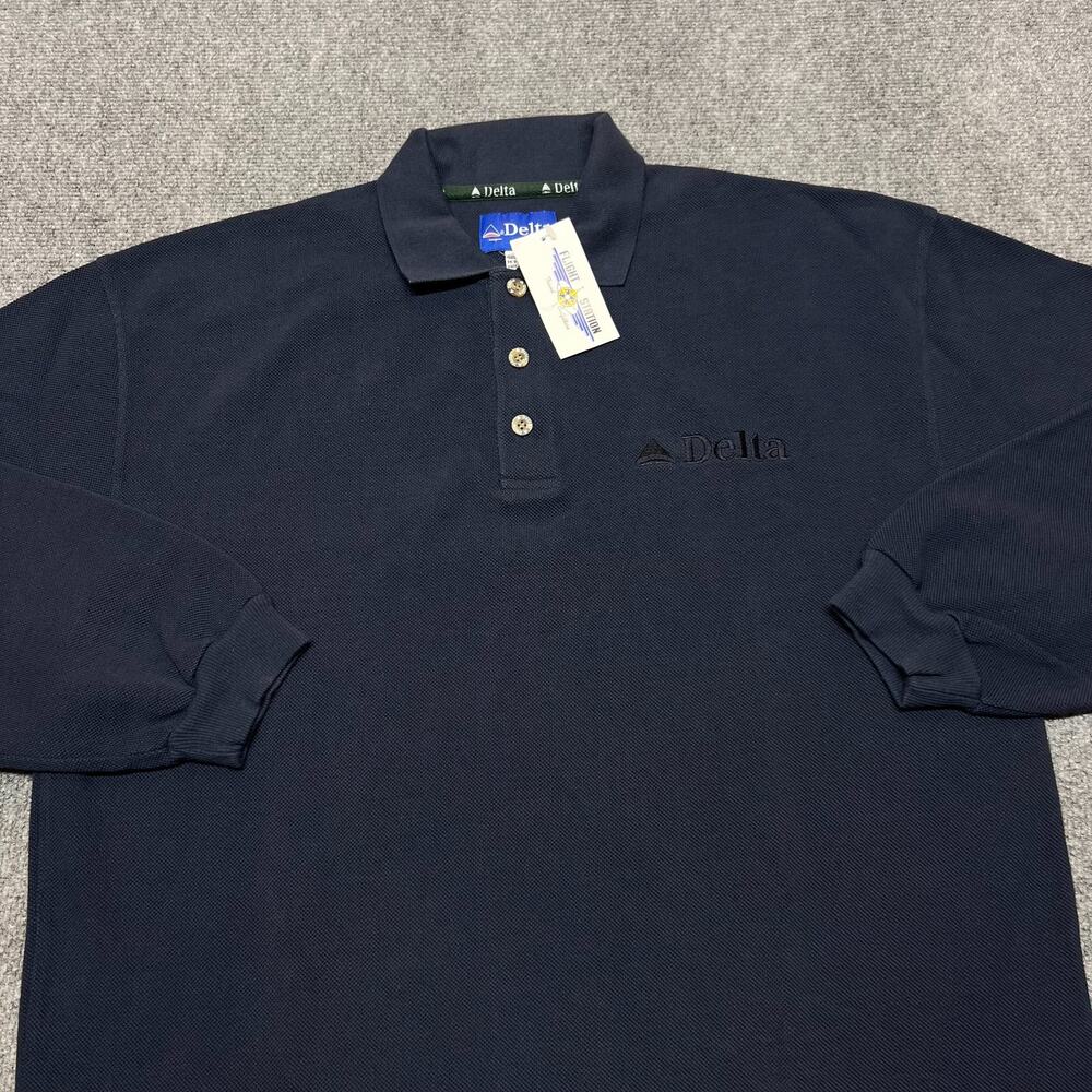 Delta Flight Station Men's Navy Long Sleeve Polo Shirt L Cotton NEW